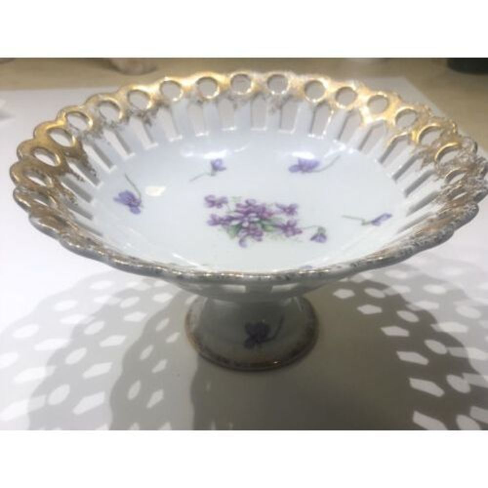 Antique PORCELAIN COMPOTE Pierced Reticilulated Purple Floral Gold Signed
